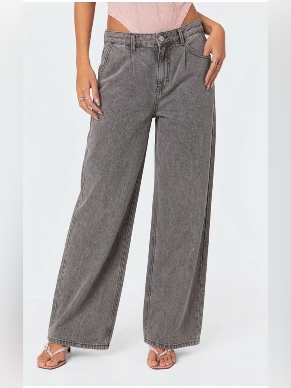 Zara Washed Grey Wide-Leg Pleated Jeans